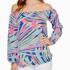 LILLY PULITZER ENNA INDIGO SEA DREAMING OFF SHOULDER KNIT TOP SIZE SMALL